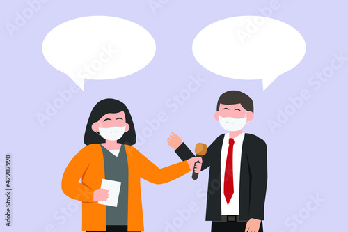 Press vector concept. Female reporter interviewing businessman while wearing face mask with speech bubble
