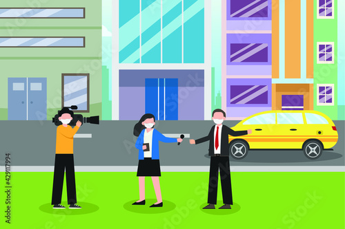 Press vector concept. Cameraman and female news reporter with microphone interviewing professional businessman while wearing face mask