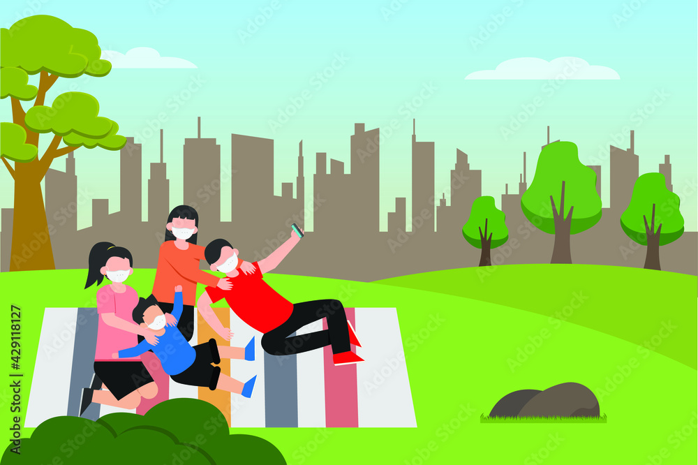 New normal vector concept: Young family enjoying picnic together in the park while wearing face mask in new normal New normal vector concept: Young family enjoying picnic together in the park while wearing face mask in new normal