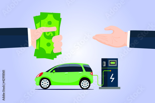 Electric car sale vector concept. Buyer hand giving money to salesman hand with electric car background