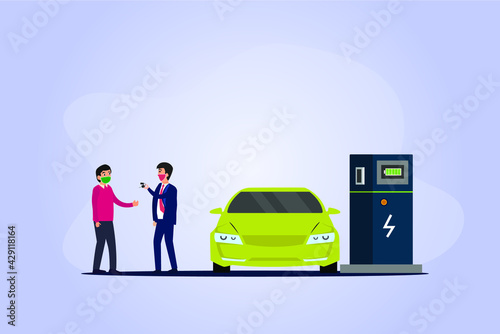Electric car sale vector concept. Man buying electric car and getting the key from salesman
