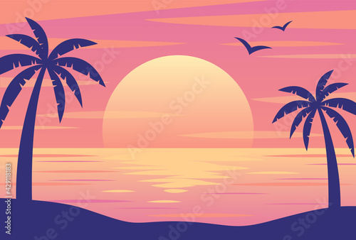 vector background with sunset on the beach with palms for banners, cards, flyers, social media wallpapers, etc. © mar_mite_