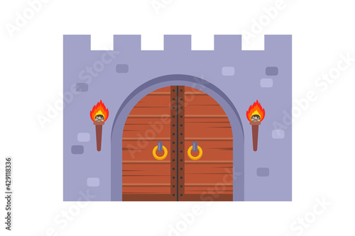 old wooden castle gate on a white background. flat vector illustration.