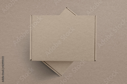 Kraft paper brown box product packaging with design space flat lay photo