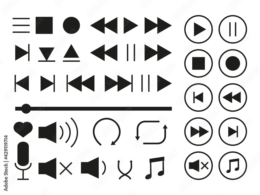 Media player icons set. Collection of multimedia signs. Black ...