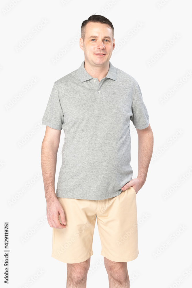 Man wearing basic gray polo shirt apparel front view Man wearing basic gray polo shirt apparel front view