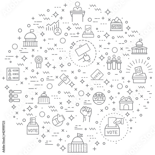 Simple Set of vote and politics Related Vector Line Illustration. Contains such Icons as democracy, government, tribune, president, protest, voting, polls and Other Elements.
