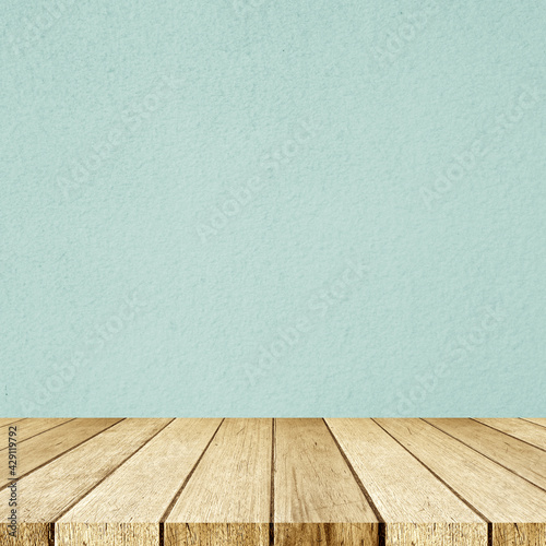 Empty perspective vintage wood and green cement wall  room  background  Wooden table top  shelf  counter surface for product display montage background  banner  template  mockup  wallpaper  poster