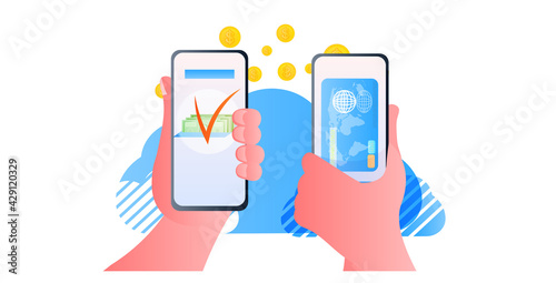 human hands sending dollar coins via smartphones online money transfer payment financial transactions