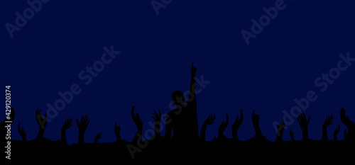 Concierto. Silueta de personas  hombres y mujeres en un concierto musical con fondo azul. Concepto de fan  ticos. Ilustraci  n vectorial