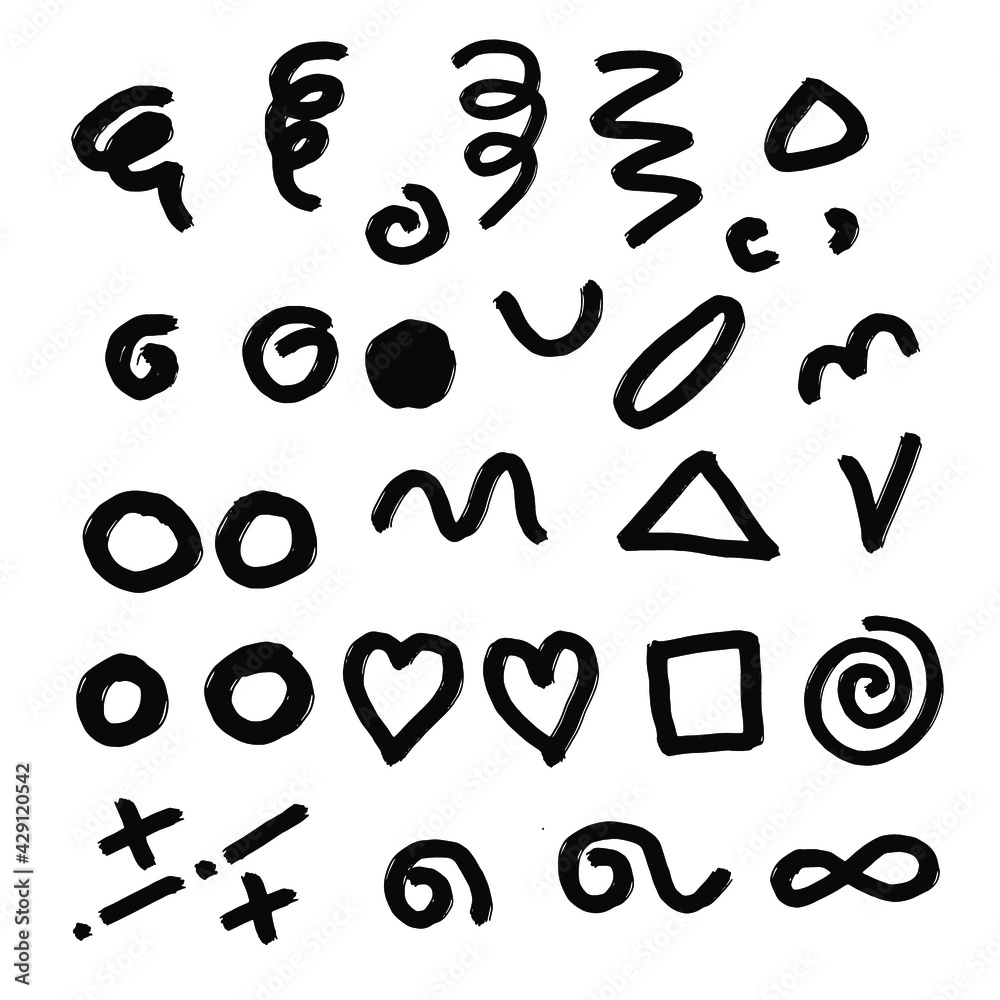 Set of grunge stains of different shapes. Imitation of hand drawn stripes, spirals, circles, nests, lines, dots, rounds, curves, crosses, triangles. Vector design elements isolated black on white Set of grunge stains of different shapes. Imitation of hand drawn stripes, spirals, circles, nests, lines, dots, rounds, curves, crosses, triangles. Vector design elements isolated black on white
