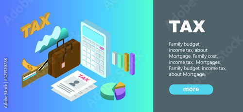 3D Office Desk with Briefcase, wallet, calculator, Money, and Document for Tax Calculation. Finance Report with Graph Charts. Calculating Payment, Salary or Taxes. Accounting and Financial Management.