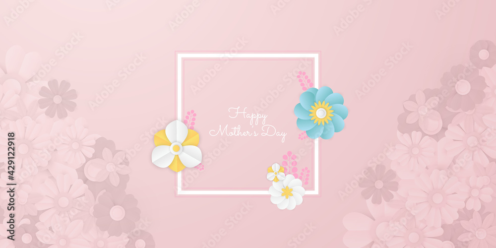 Set of Mother's Day greeting cards with paper cut flowers and copy space for text. Love's day greeting card with blossom flowers