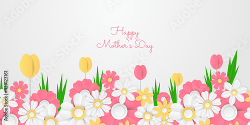 Happy Mother's Day. Best mom ever cute romantic feminine flower paper cut design with hearts for menu, flyer, invitation. Pink template, confetti, pearls. Holiday gift card. Vector illustration