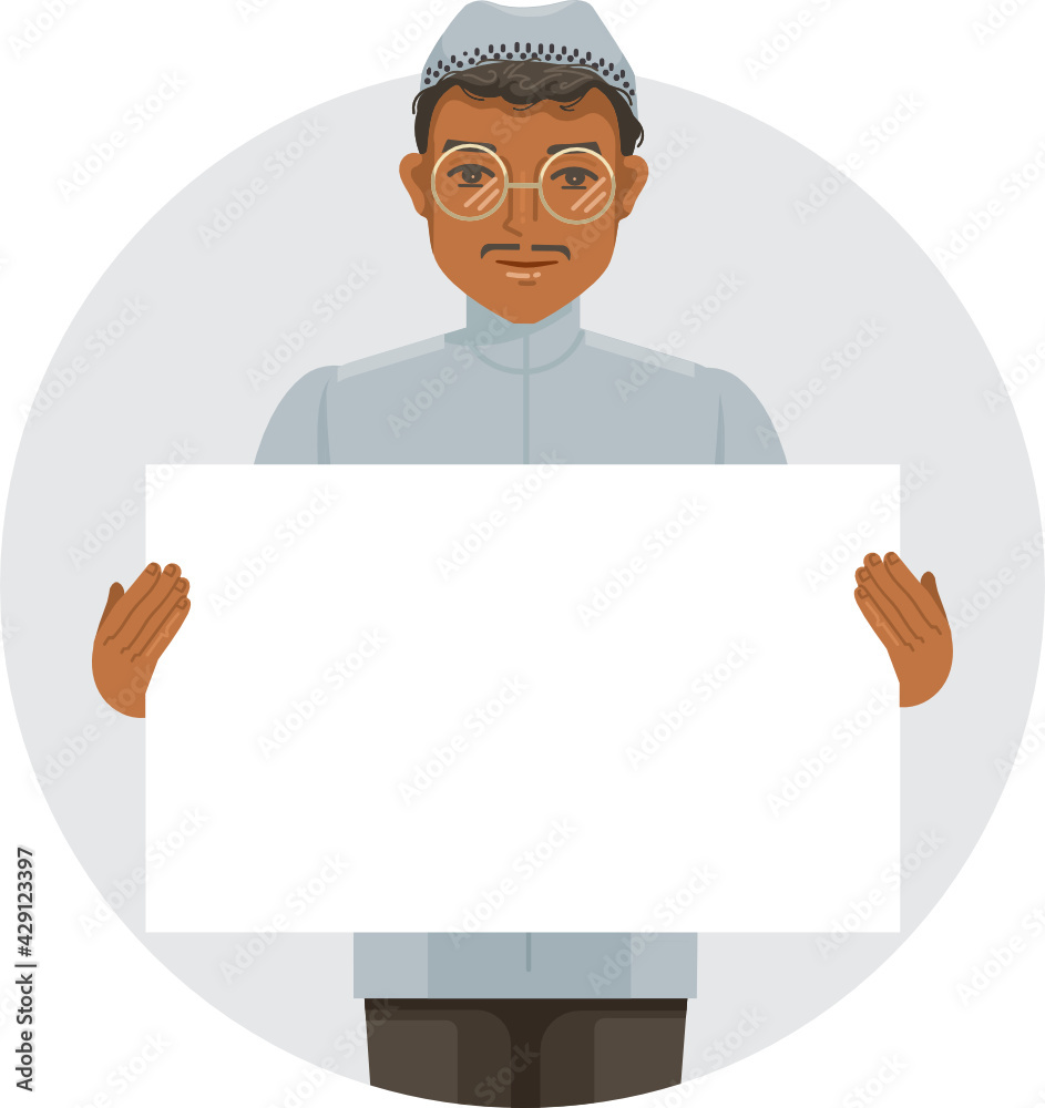 muslim man holding behind a paper blank for banner muslim man holding behind a paper blank for banner