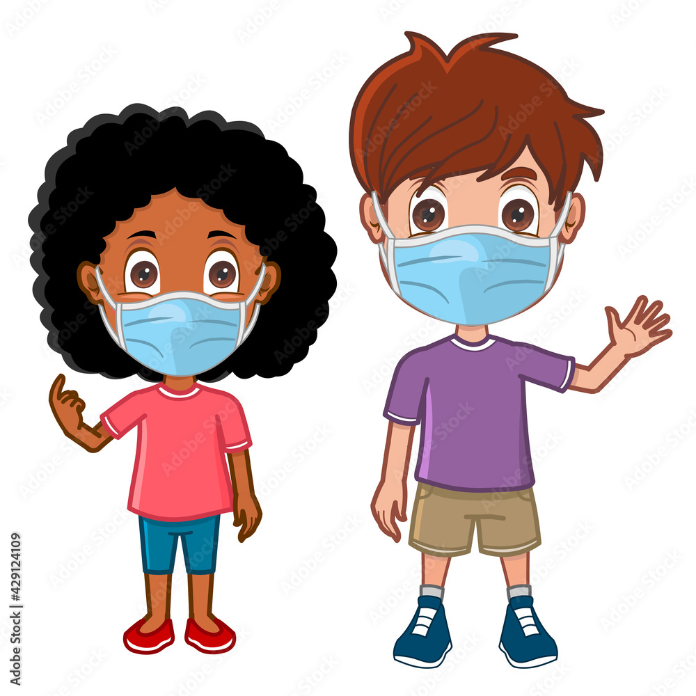 Girl and boy in protective mask