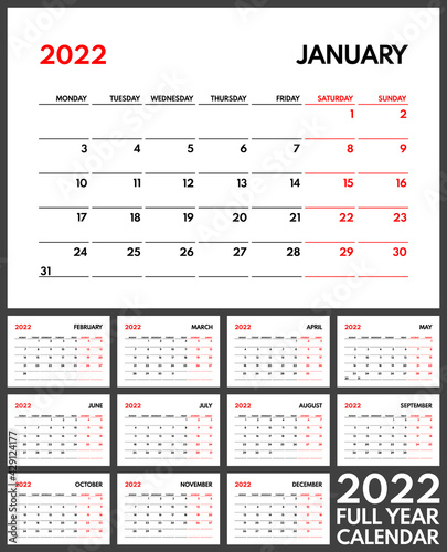 2022 full year monthly office planner, calendar starts monday, two red colored weekends, white background