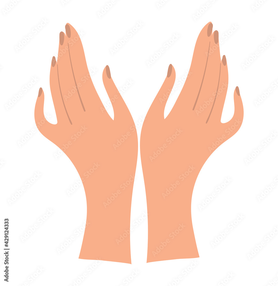 Two graceful female hands in flat design. Clipart of female arms for manicure, massage, care cosmetics. Vector illustration isolated on white background. Two graceful female hands in flat design. Clipart of female arms for manicure, massage, care cosmetics. Vector illustration isolated on white background.