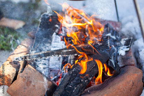 A burning fire in winter in nature. Street food close-up. Cooking food on the fire. Fire for warmth on a cold winter day