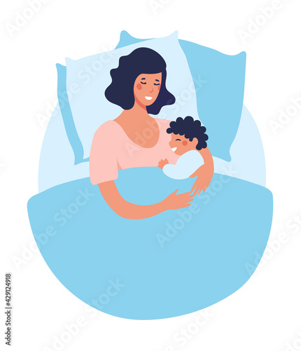 A young mother sleeps with a newborn baby. Joint sleep with a baby. The woman sleeps, smiles and hugs the baby. Flat vector illustration.