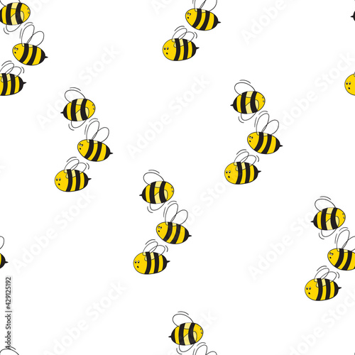 Seamless pattern with bees on white background. Small wasp. Vector illustration. Adorable cartoon character. Template design for invitation, cards, textile, fabric. Doodle style