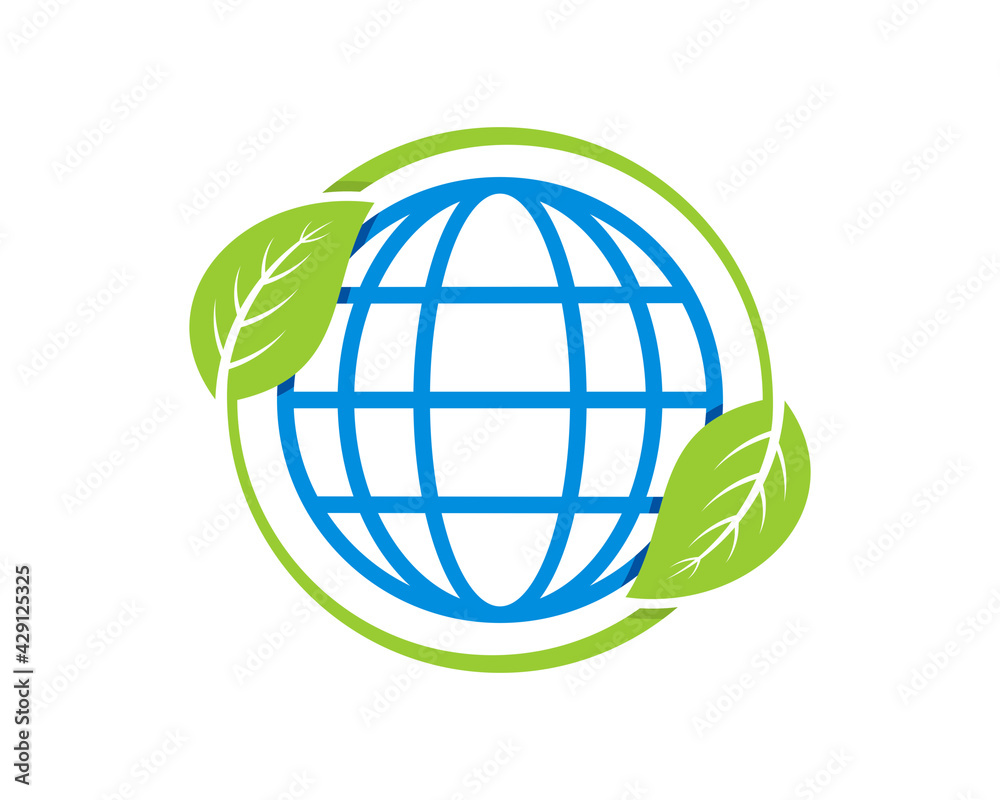 Blue globe inside the circle green leaf Blue globe inside the circle green leaf