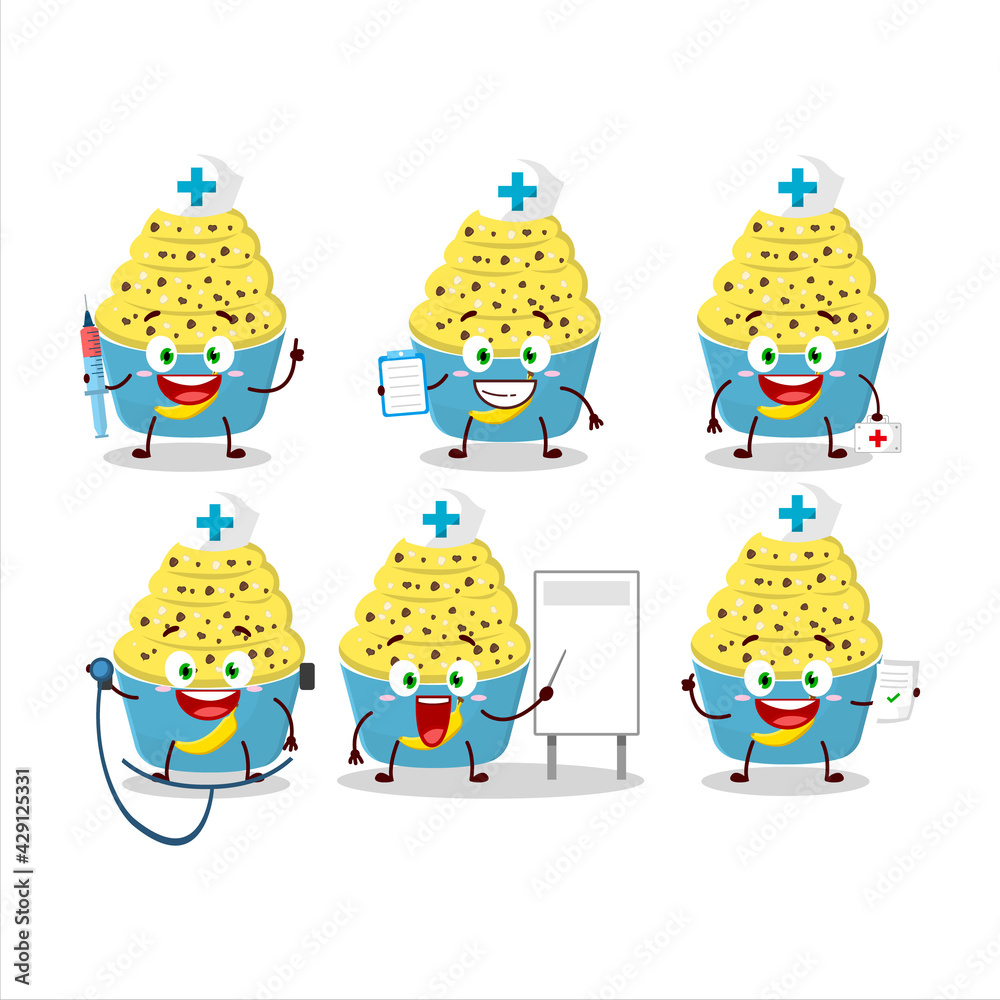 Fototapeta premium Doctor profession emoticon with ice cream banana cup cartoon character