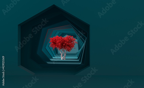 Minimal saturated abstract background and mock up for the presentation and exhibitions of products. Hexagonal arches in the blue walls in perspective and a lighted tree in the center. 3d illustration