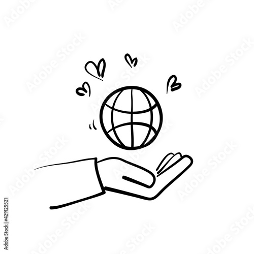 hand drawn doodle earth globe love icon illustration vector isolated