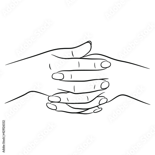 Two locked female hands with intertwined fingers. Cartoon style. Human gesture. Black and white linear silhouette.
