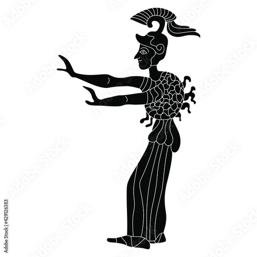 Ancient Greek warrior goddess Athena with raised arms in a helmet. Black and white silhouette. Vase painting style.