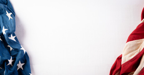 Happy memorial day concept made from american flag on white wooden background.