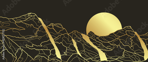 landscape wallpaper design with Golden mountain line arts, luxury background design for cover, invitation background, packaging design, fabric, and print. Vector illustration.