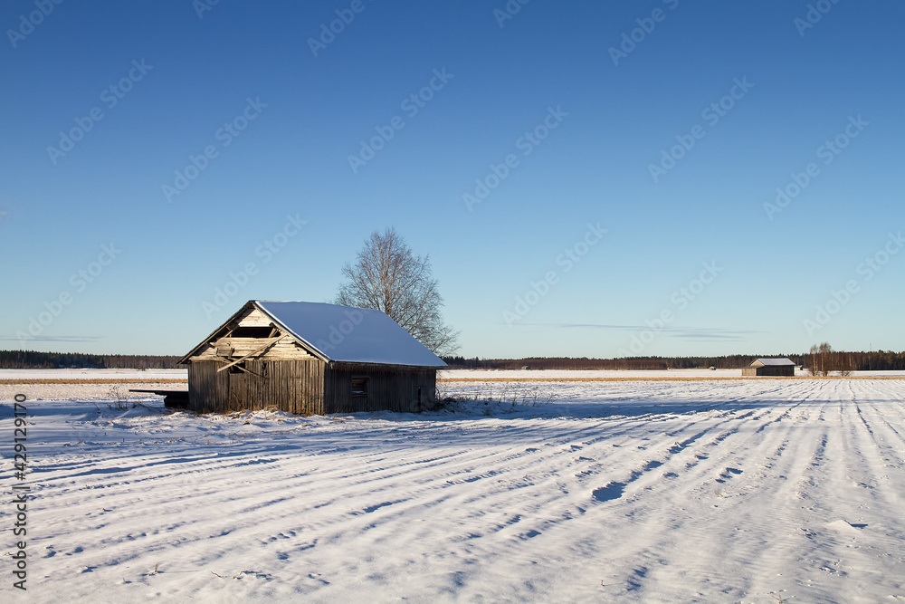 Two Old Barn Houses On The Snowy Fields