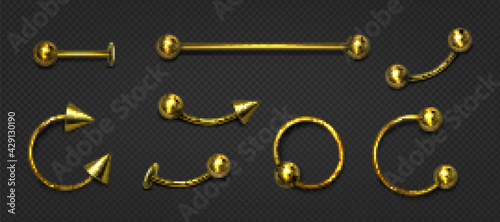 Gold piercing jewelry for face and body. Vector realistic set of golden earrings for pierce nose, ears, lips and eyebrows. Jewel accessories isolated on transparent background