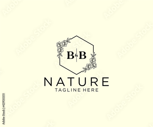 initial BB letters Botanical feminine logo template floral, editable premade monoline logo suitable, Luxury feminine wedding branding, corporate.