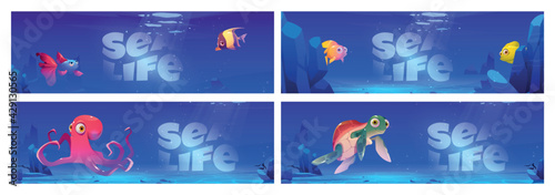 Sea life cartoon banners with underwater fishes and animals turtle and octopus on ocean bottom with rocks around. Wild cute creatures with big eyes, marine characters, Cartoon vector illustration