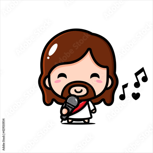cartoon vector design of cute half jesus singing on mic