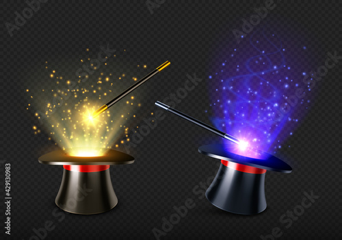 Magic wand and magician hat with spell light and sparkles. Illusionist black cylinder with mystery glow and stick for miracles. Vector realistic set of 3d high cap with red ribbon and wizard wand