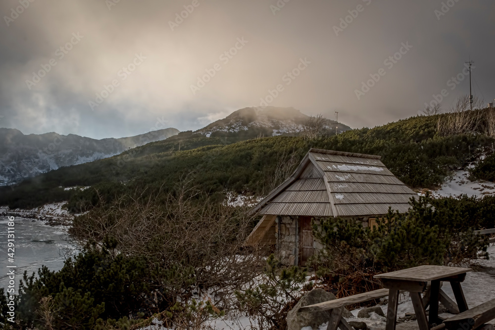 Fototapeta premium Clouds rising over Tatra Mountain valley and covering the peaks. Old wooden chalet and benches are abandoned. Selective focus on the bushes, blurred background.