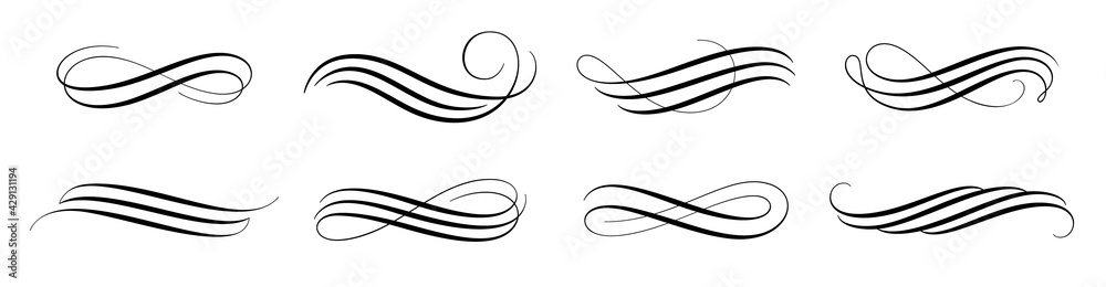 Set of vintage calligraphic flourish, curls, dividers, scrolls and swirls. Simple design elements. Hand drawn flourish vector collection.