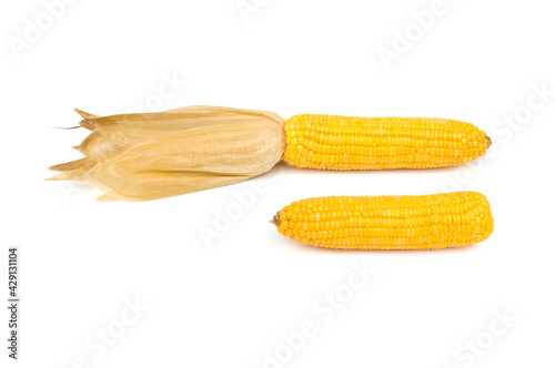 Boiled corn pods isolated on white background.