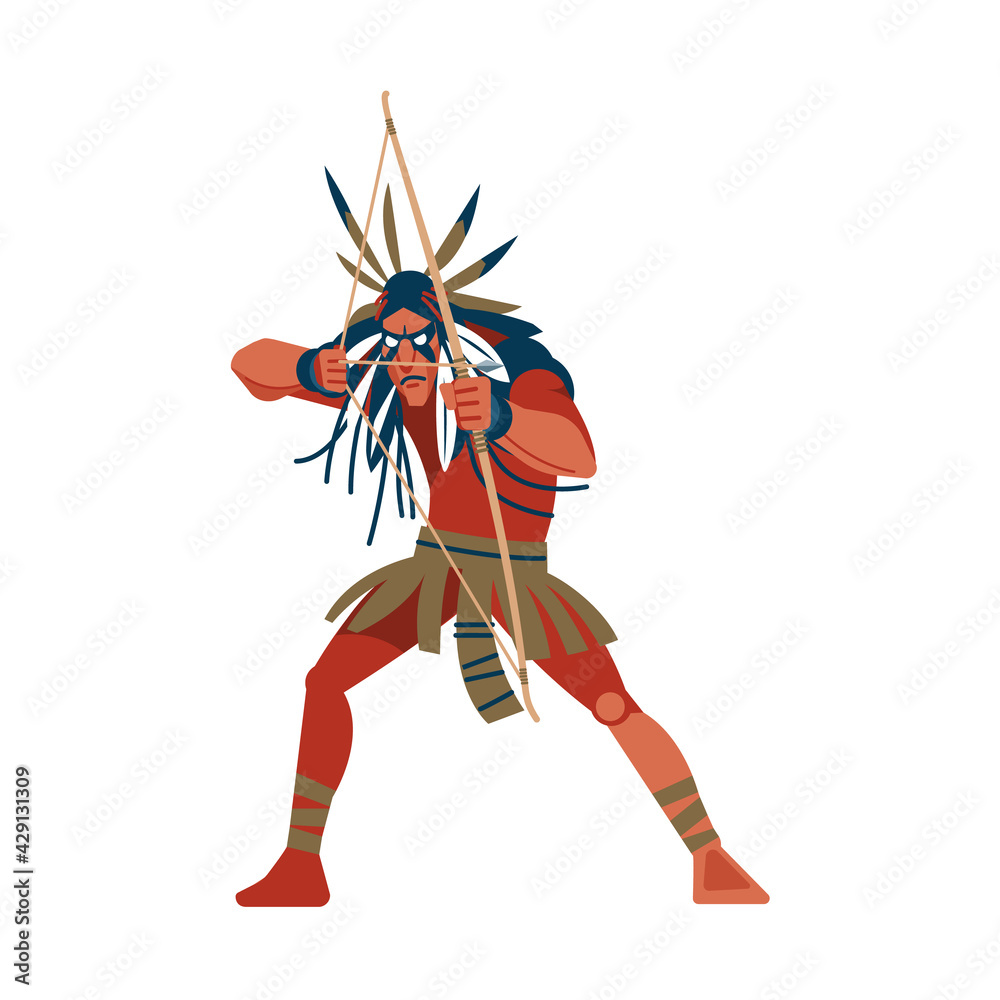 Native American Indian warrior man shooting a bow, tribe member in