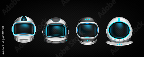 Astronaut helmets, cosmonaut space suit front view isolated mockup on black background. Pilot costume headwear with neon glow elements and dark glass with light reflection, Realistic 3d vector set