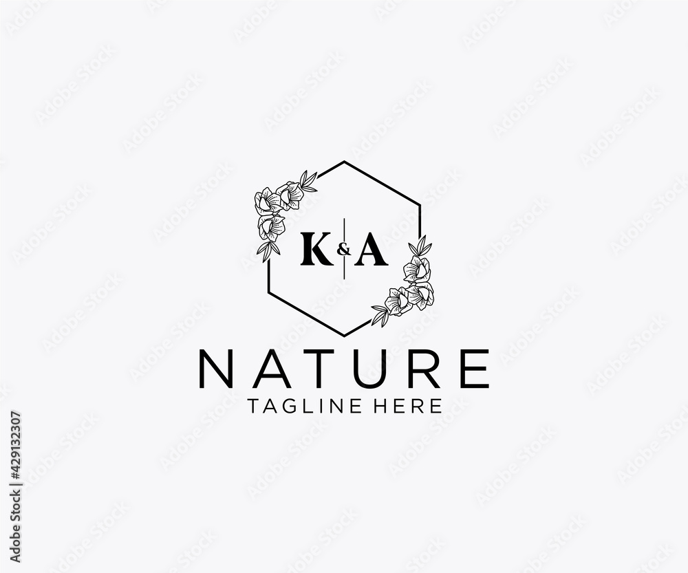 initial KA letters Botanical feminine logo template floral, editable premade monoline logo suitable, Luxury feminine wedding branding, corporate. - obrazy, fototapety, plakaty 