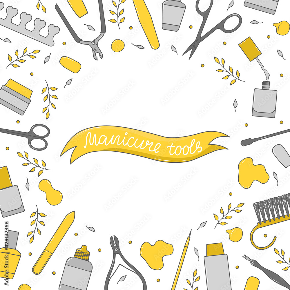 Manicure tools, nail polish. Vector illustration for banner, frame, landing  page, website. 6685025 Vector Art at Vecteezy