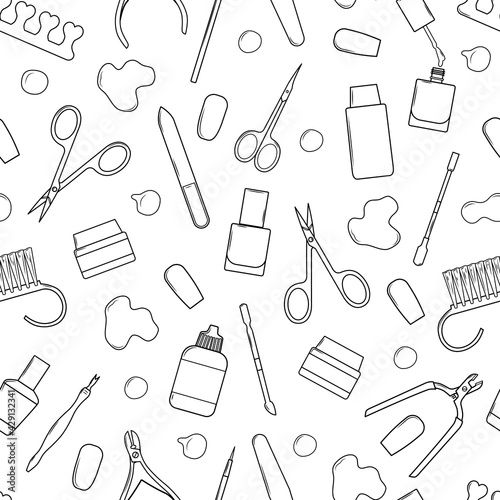 Vector seamless pattern with nail scissors, nail file, nail polish, cream, cuticle clippers . On a white background. Coloring book.