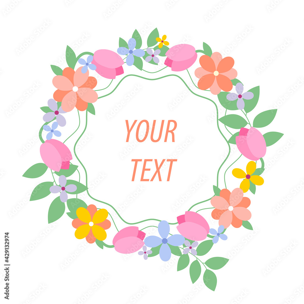 Wreath of flowers and leaves in the vector. Summer. Spring. Isolated. Tulips. You can use it as an element of your own design for holiday cards, sales posts