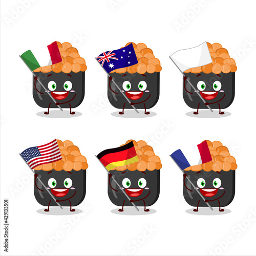 Gunkan sushi cartoon character bring the flags of various countries