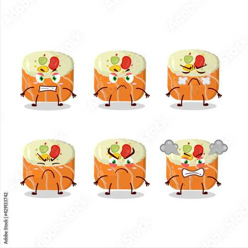 Uramaki sushi cartoon character with various angry expressions